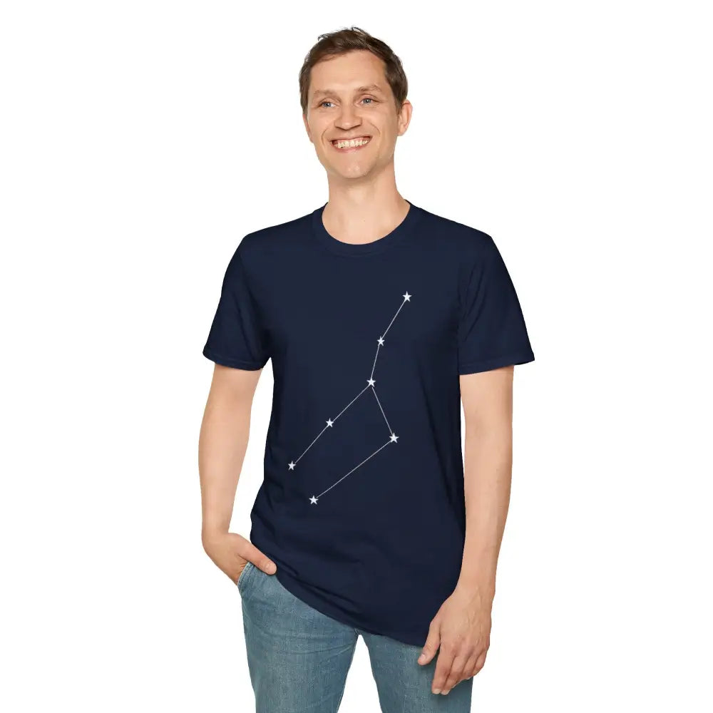 Man wearing navy blue unisex softstyle T-shirt with white constellation graphic, low heat care