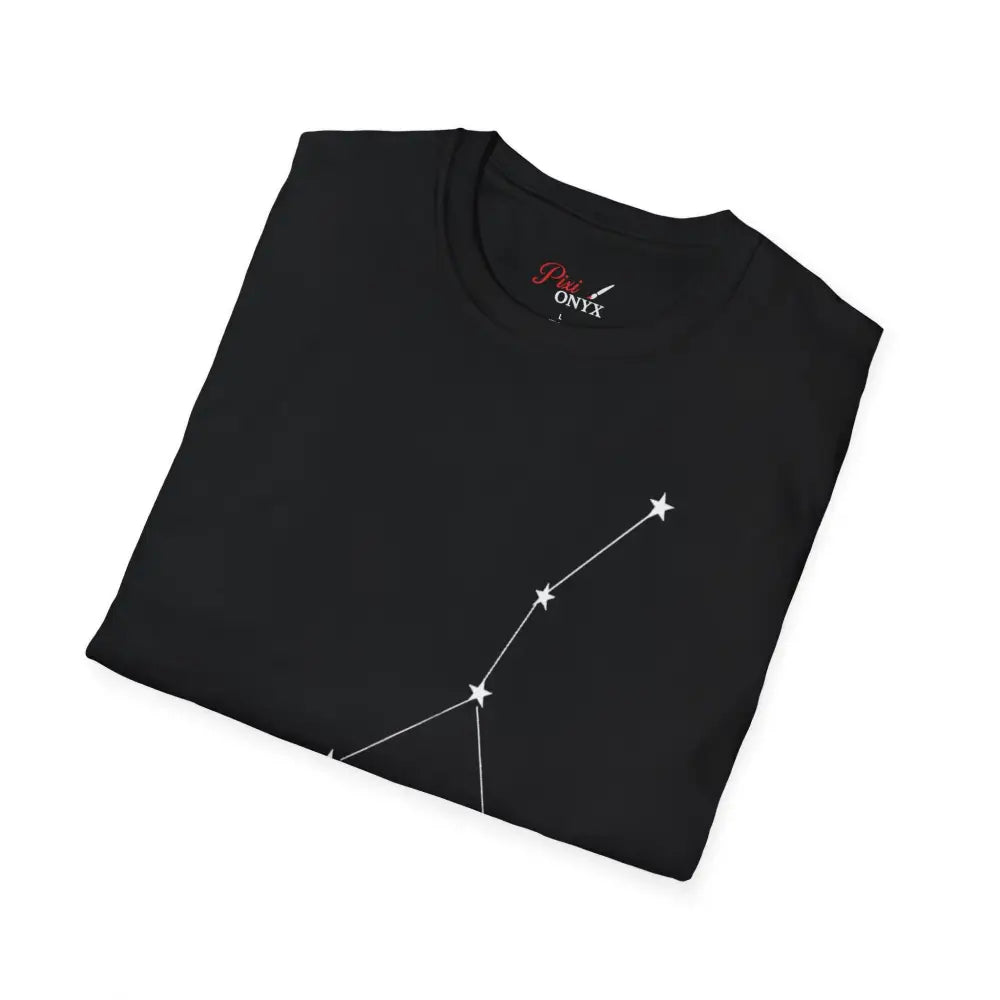 Black unisex softstyle T-shirt with white constellation graphic, ideal for astrology fans