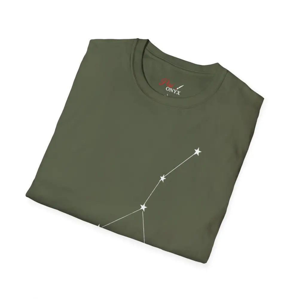 Olive green unisex softstyle T-shirt with white constellation graphic, low heat care instructions