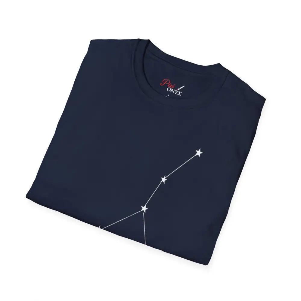 Dark blue unisex softstyle T-shirt with white constellation graphic, perfect for star sign lovers