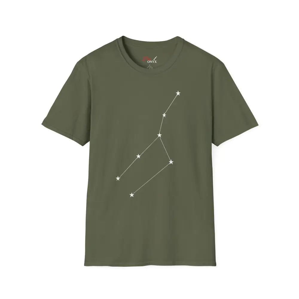 Olive green unisex softstyle T-shirt with white constellation graphic, perfect for astrology lovers