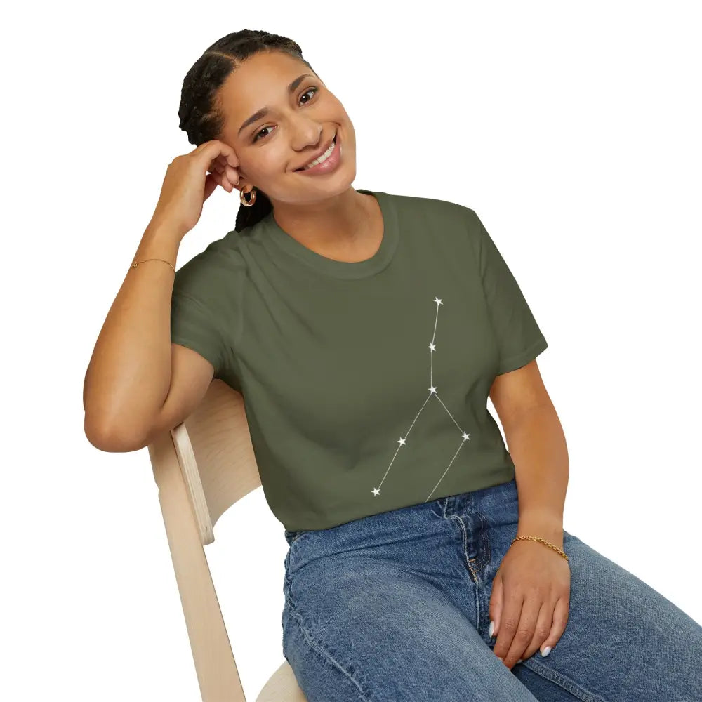 Smiling woman in dark olive green unisex softstyle T-shirt with white constellation graphic