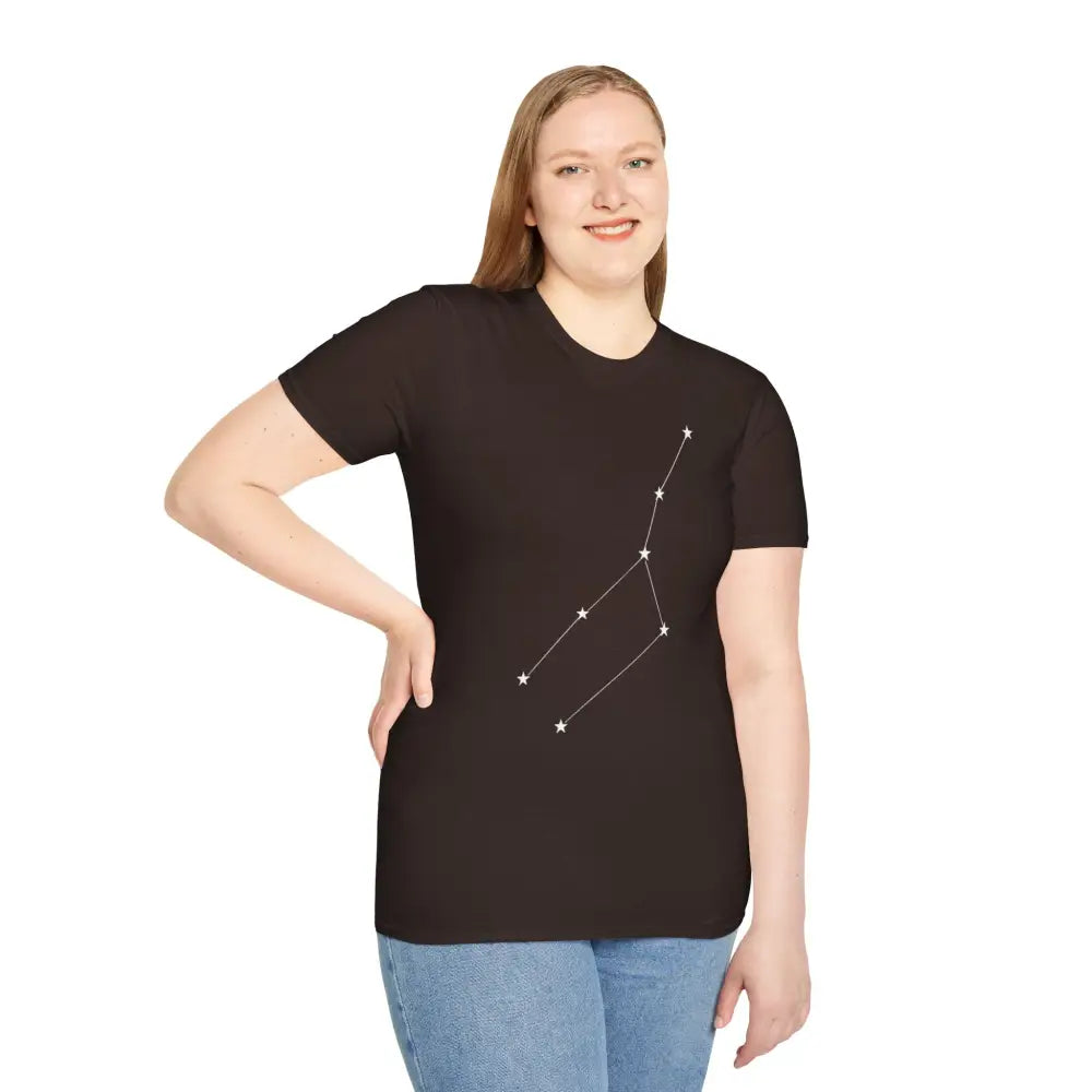 Smiling woman in black unisex softstyle constellation T-shirt with star sign graphic