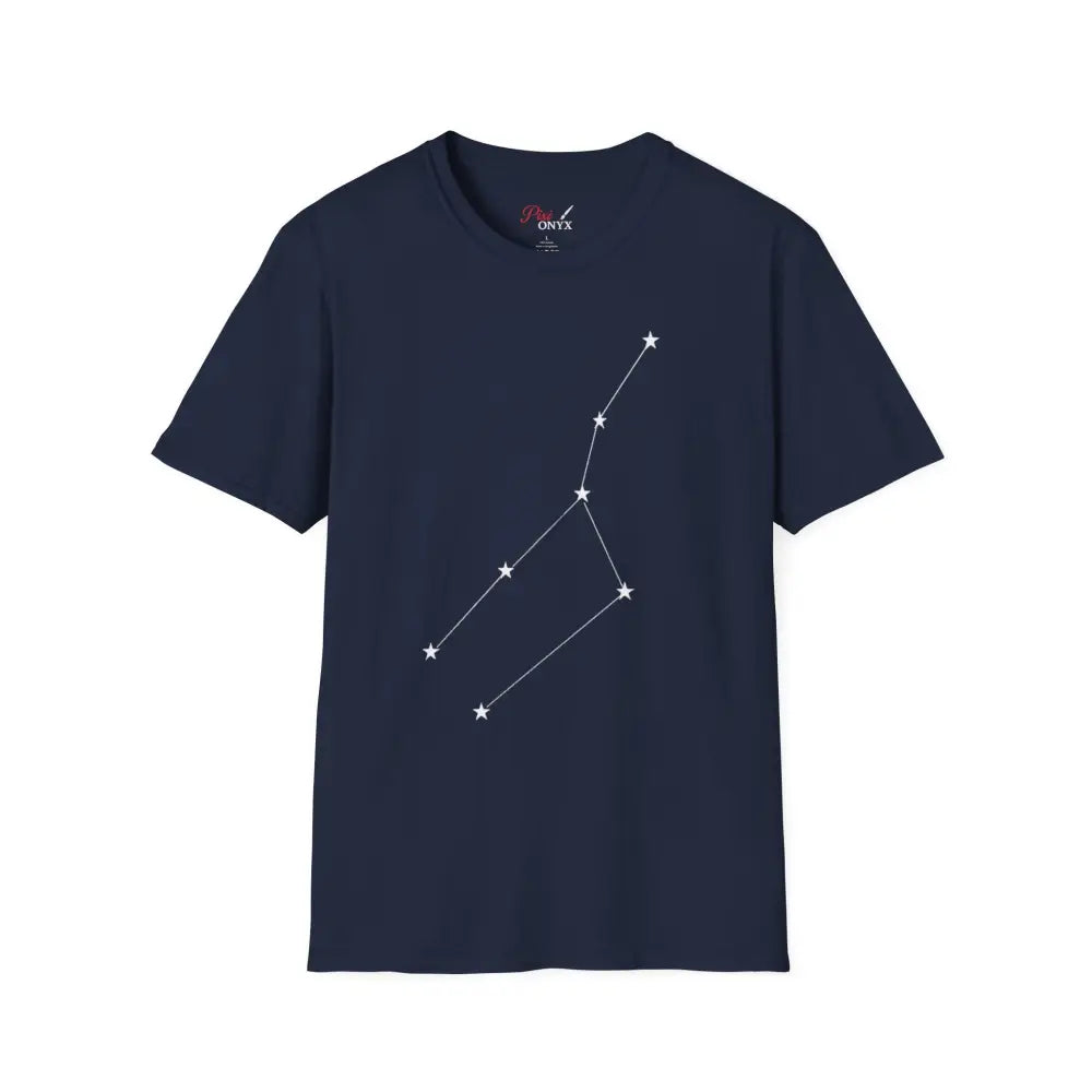 Dark blue unisex softstyle T-shirt with white constellation graphic, ideal for star sign enthusiasts
