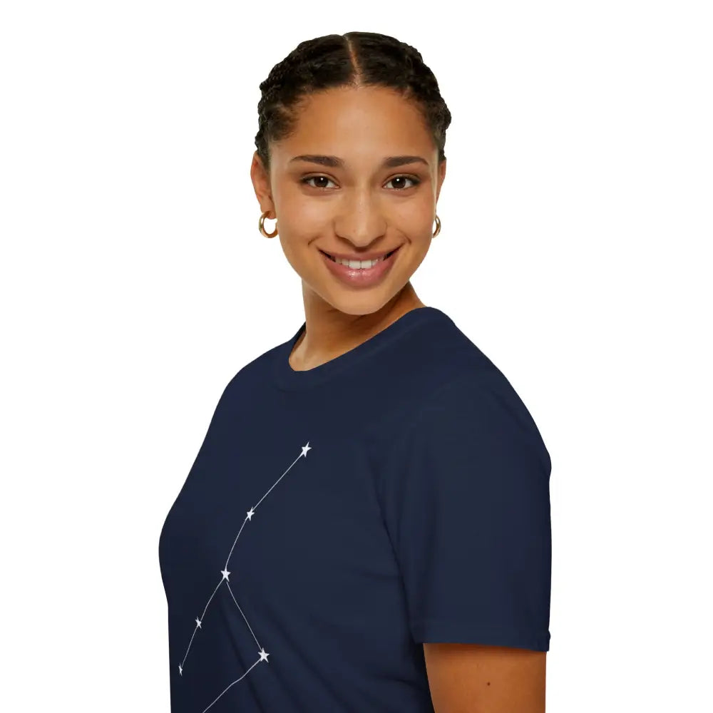 Woman wearing navy blue unisex softstyle constellation T-shirt showcasing star sign design