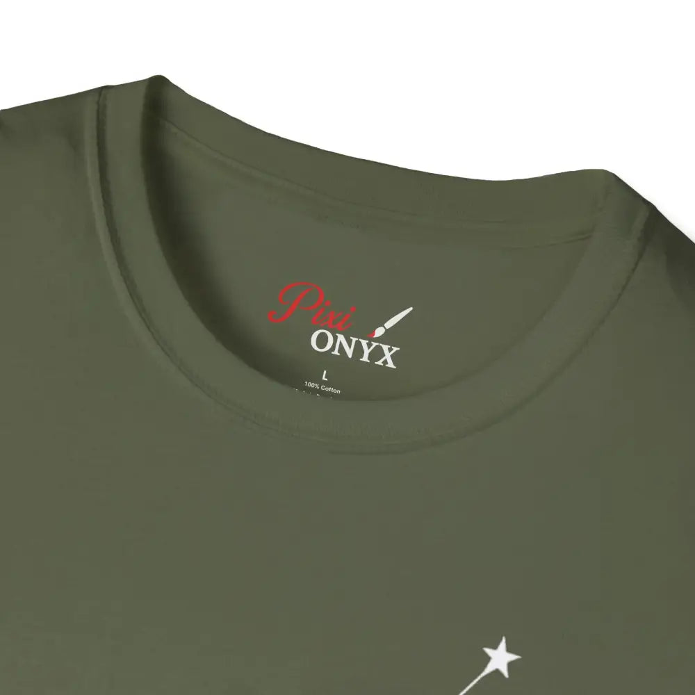 Olive green unisex softstyle crew neck t-shirt with star sign design, easy care instructions