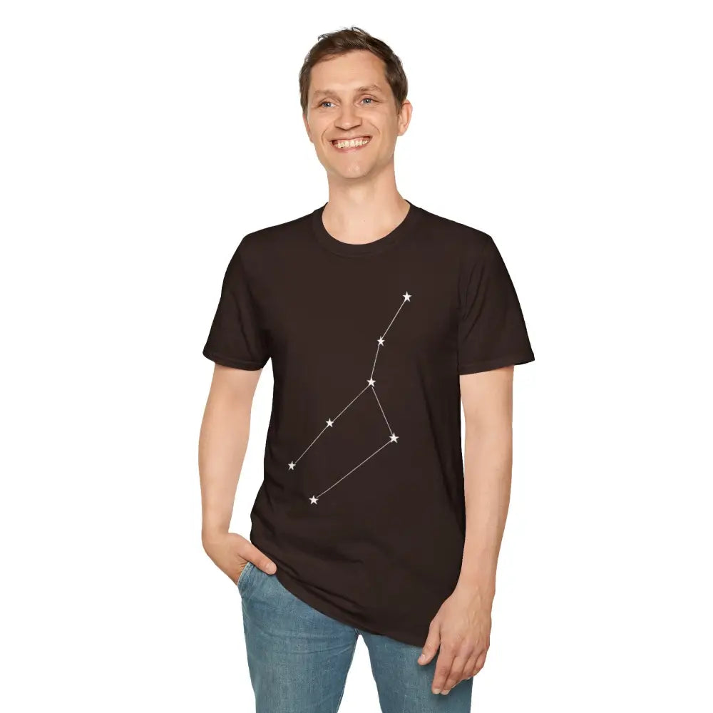 Men’s dark brown unisex softstyle T-shirt with white constellation graphic and blue jeans
