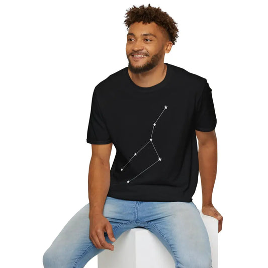 Black unisex softstyle T-shirt with white constellation graphic, ideal for astrology lovers