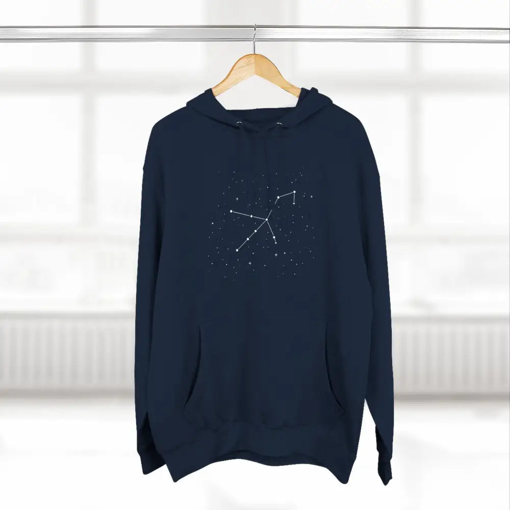 Dark blue cozy fleece hoodie with white constellation graphic, adjustable hood, and spacious kangaroo pocket