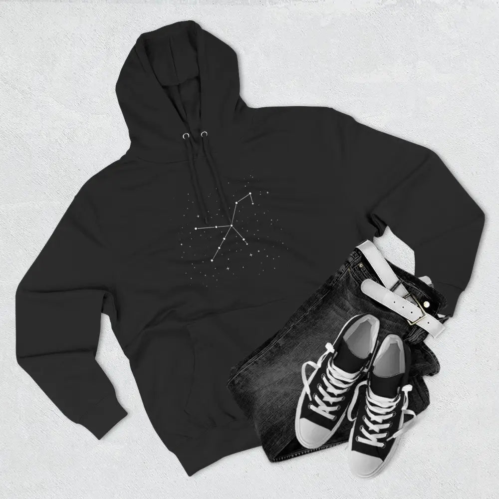 Black hooded sweatshirt with white constellation graphic, cozy fleece hoodie, adjustable hood