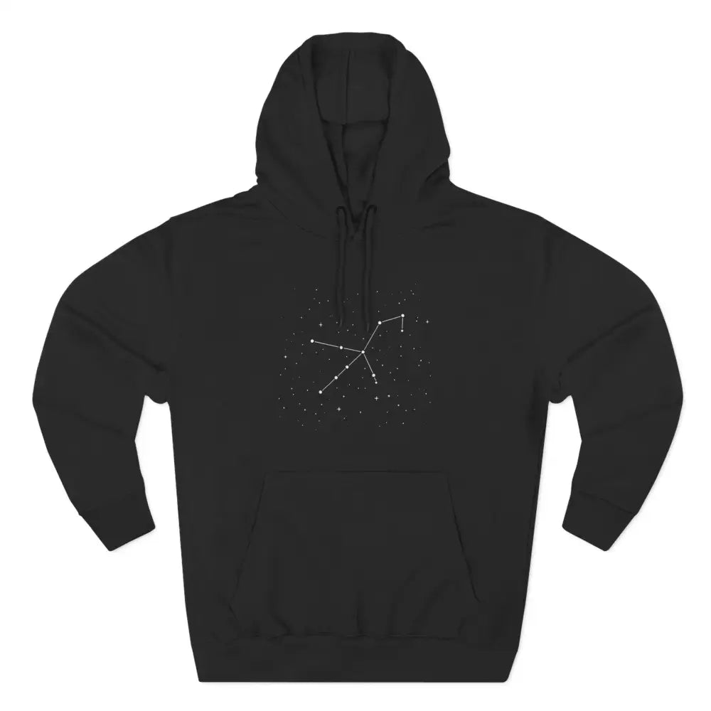 Black cozy fleece hoodie with white constellation graphic and adjustable hood for astrology lovers