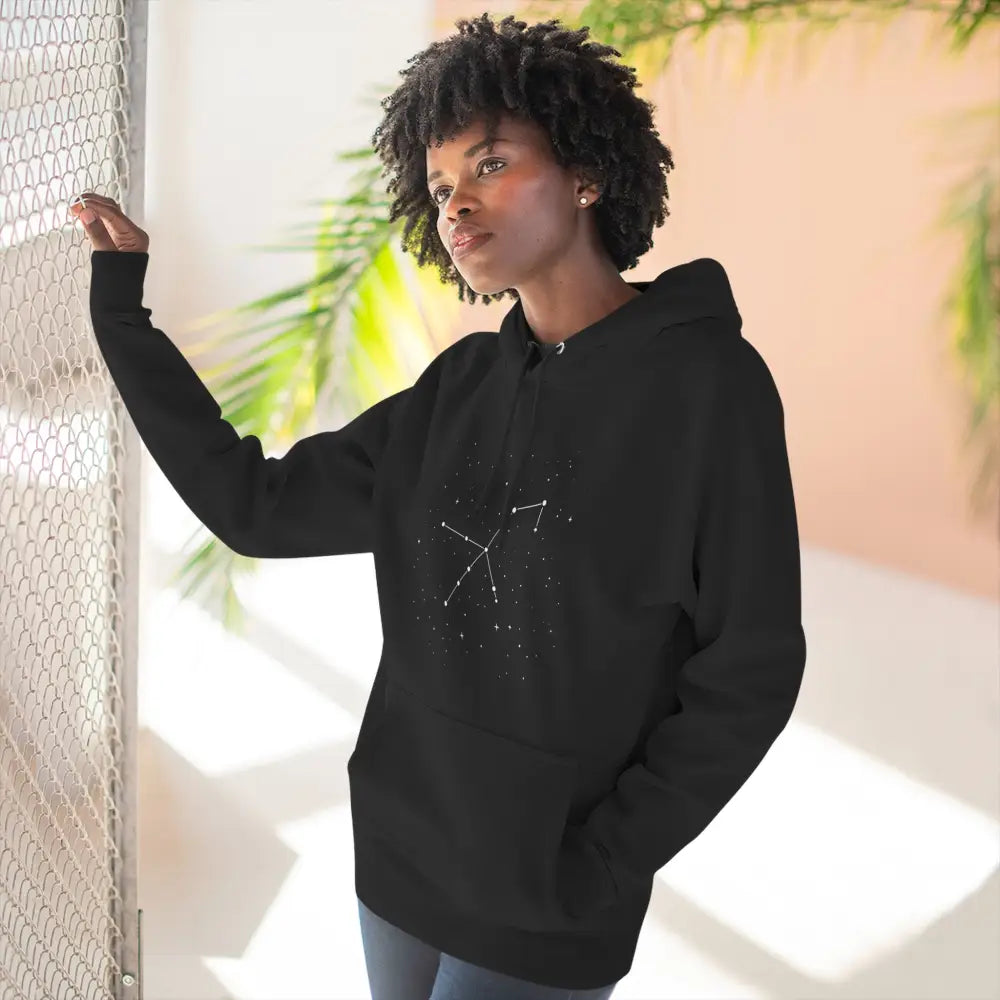 Black hooded sweatshirt with constellation design, cozy fleece hoodie, adjustable hood, spacious kangaroo pocket