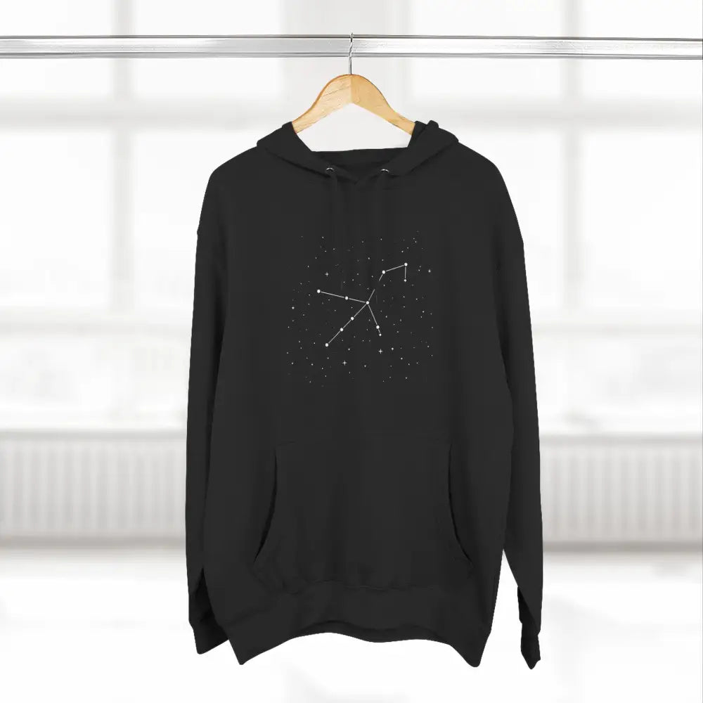 Black hooded sweatshirt with white constellation design, cozy fleece hoodie, spacious kangaroo pocket, adjustable hood