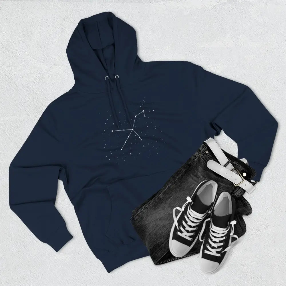 Dark blue cozy fleece hoodie with constellation graphic, adjustable hood, and spacious kangaroo pocket