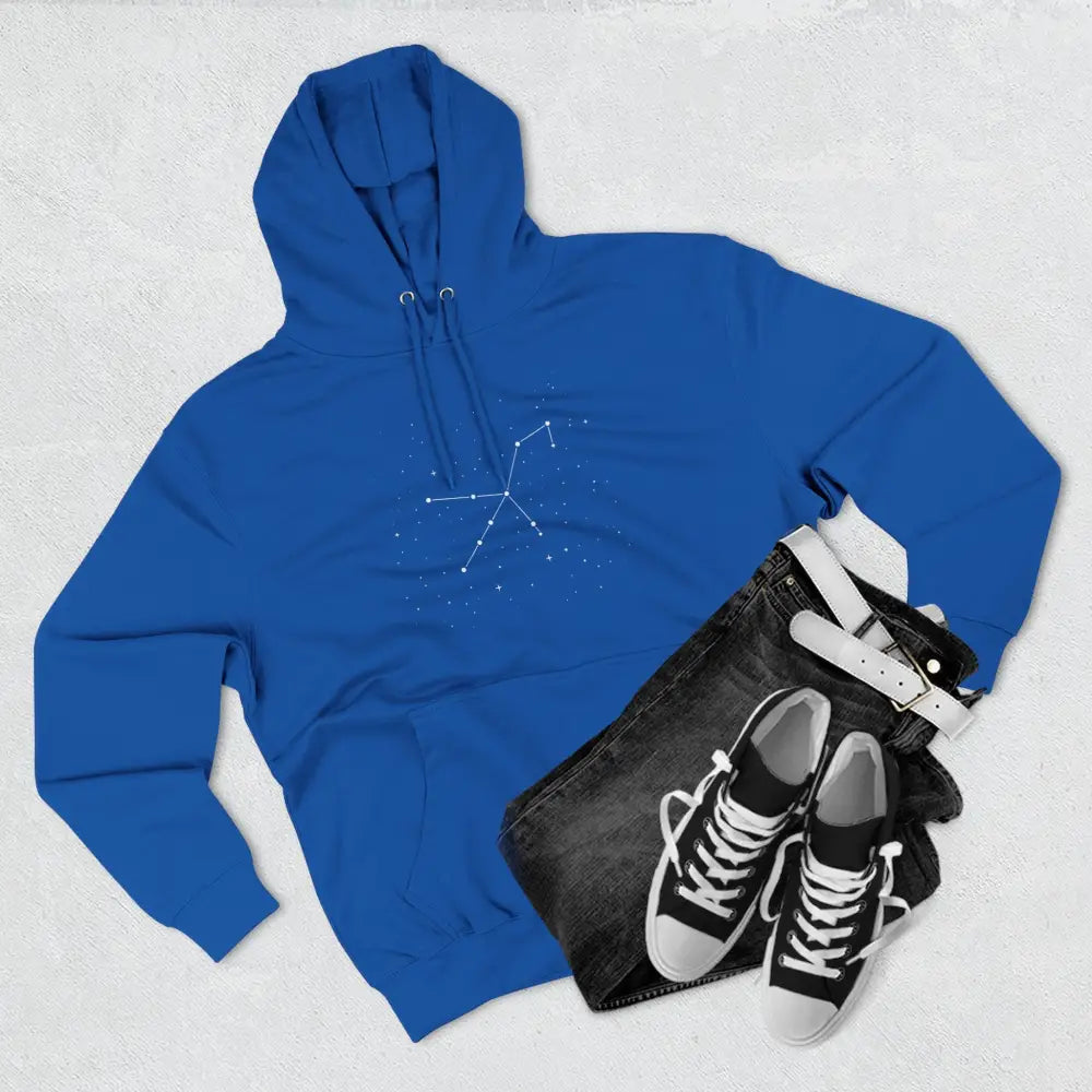 Blue hooded sweatshirt with constellation graphic, cozy fleece hoodie, adjustable hood