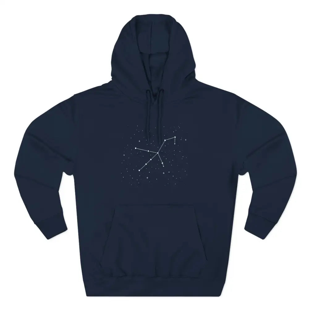 Navy blue celestial fleece hoodie with constellation graphic, adjustable hood, and spacious kangaroo pocket