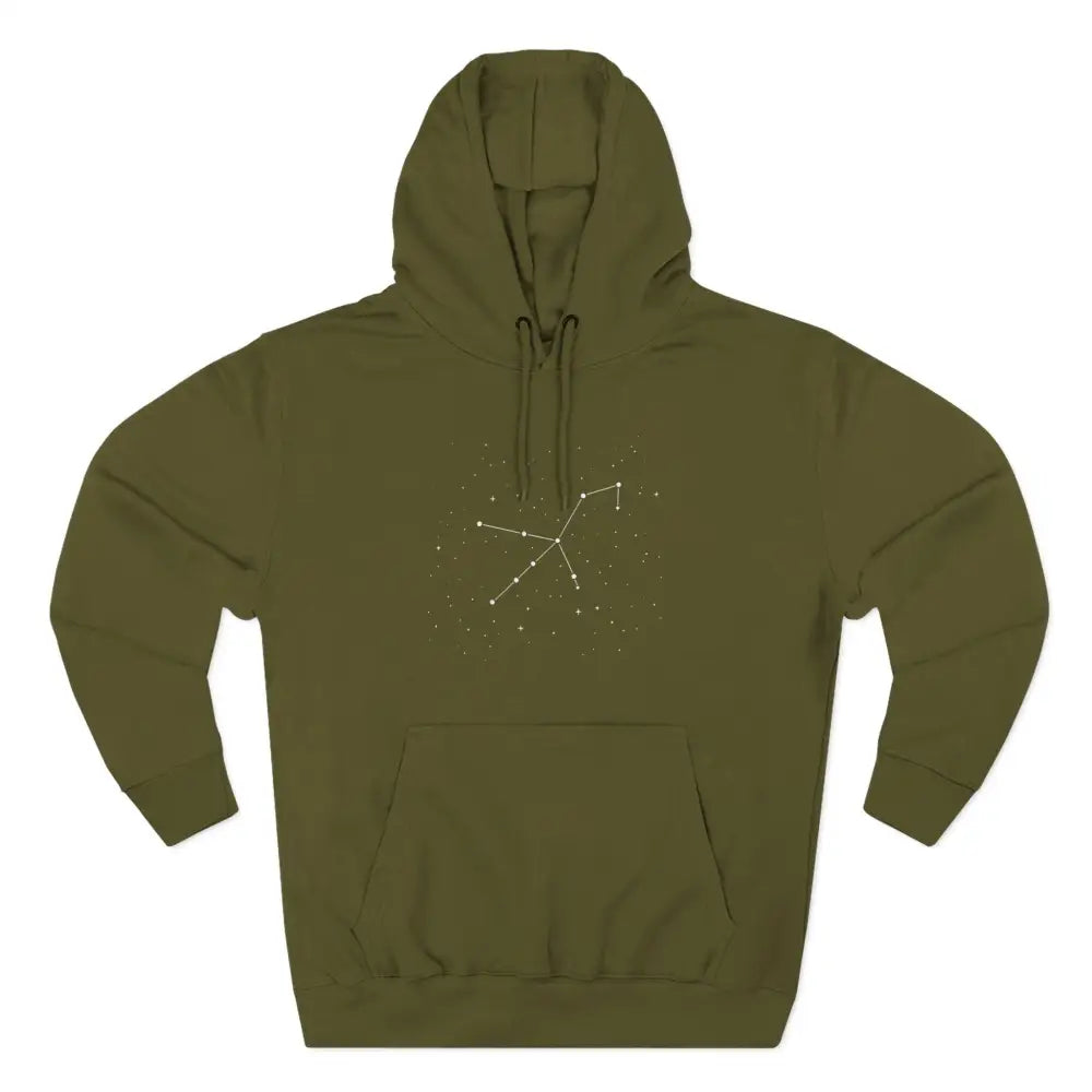 Olive green cozy fleece hoodie with constellation graphic, adjustable hood, and spacious kangaroo pocket