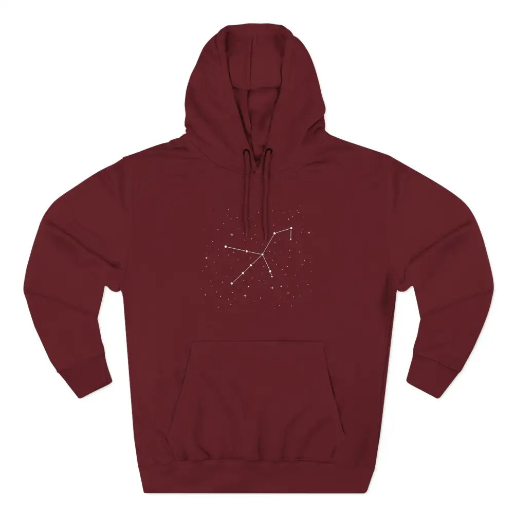 Maroon celestial fleece hoodie with constellation design, adjustable hood, and spacious kangaroo pocket