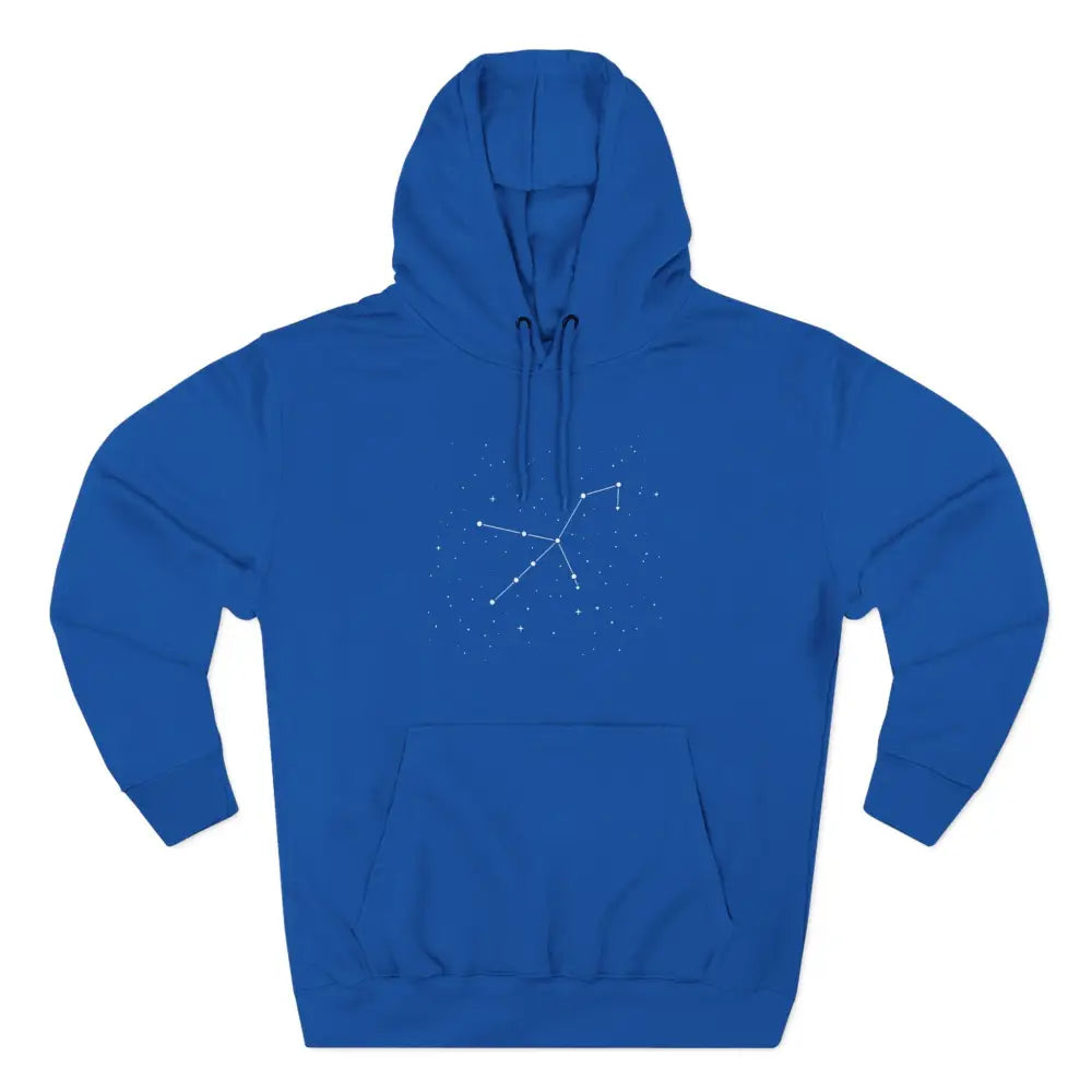 Royal blue cozy fleece hoodie with constellation graphic, adjustable hood, and spacious kangaroo pocket