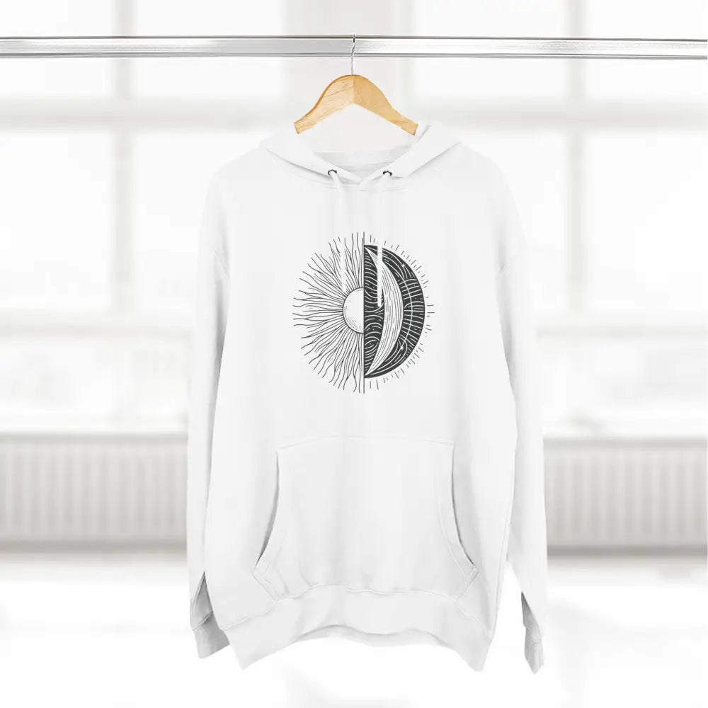 White hooded sweatshirt with sun and moon design, cozy fleece hoodie with spacious kangaroo pocket