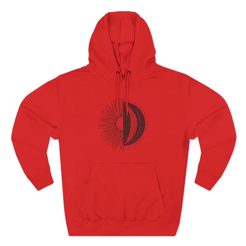 Red celestial hoodie with sun and moon design, cozy fleece, spacious pocket, twill tape neck