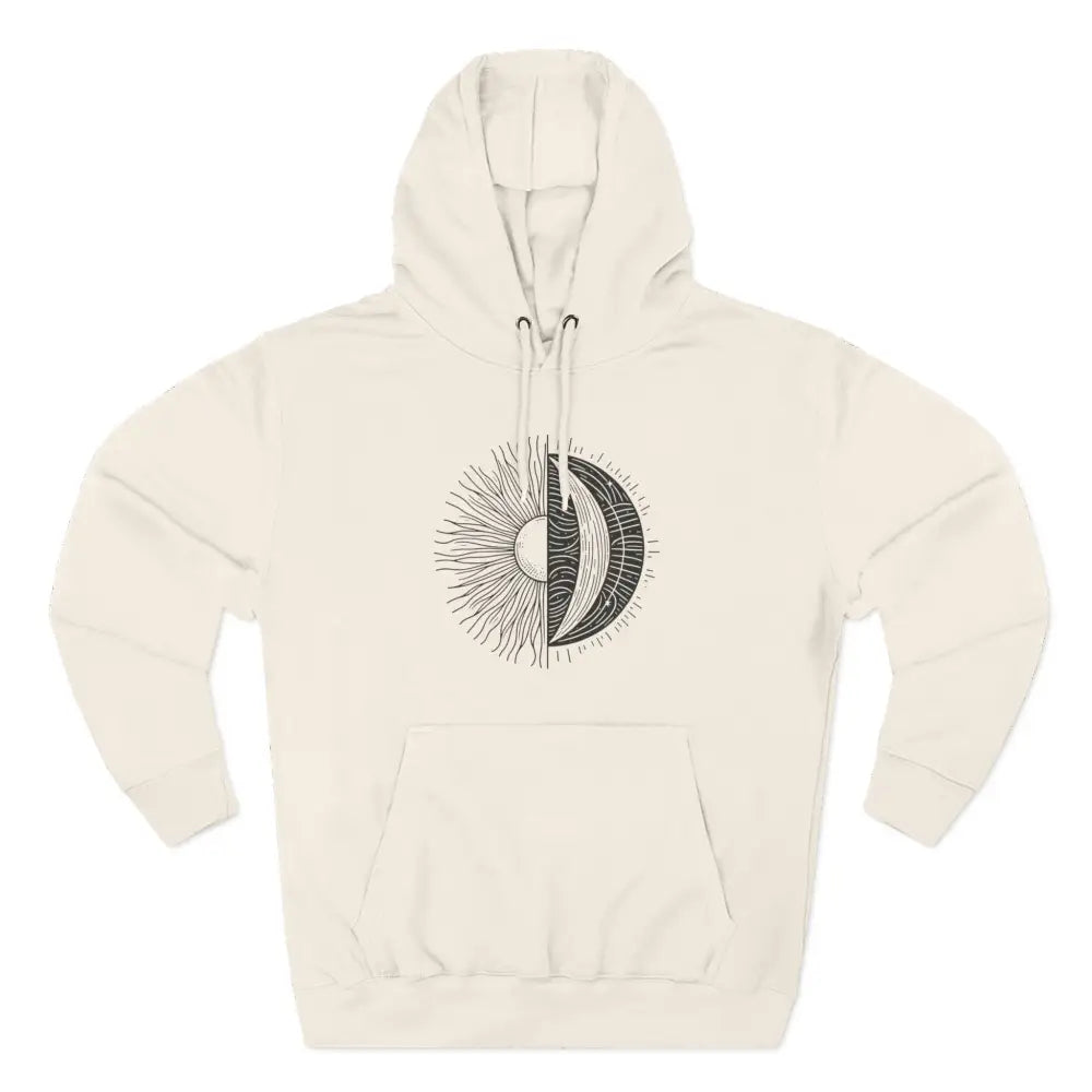 Cream-colored celestial harmony unisex hoodie with sun and moon graphic and cozy fleece
