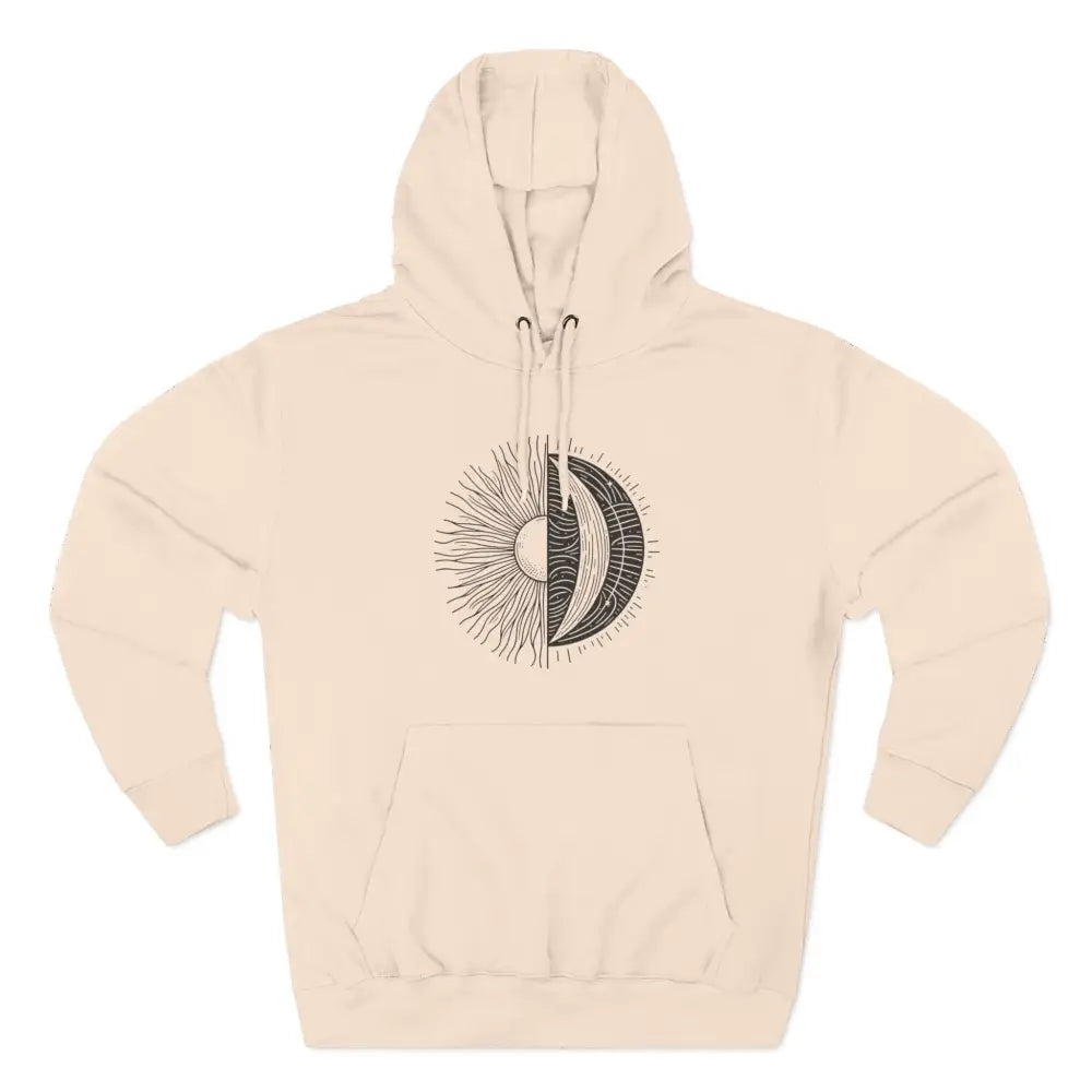 Cream-colored Celestial Harmony unisex hoodie with sun and moon design, cozy fleece, spacious kangaroo pocket