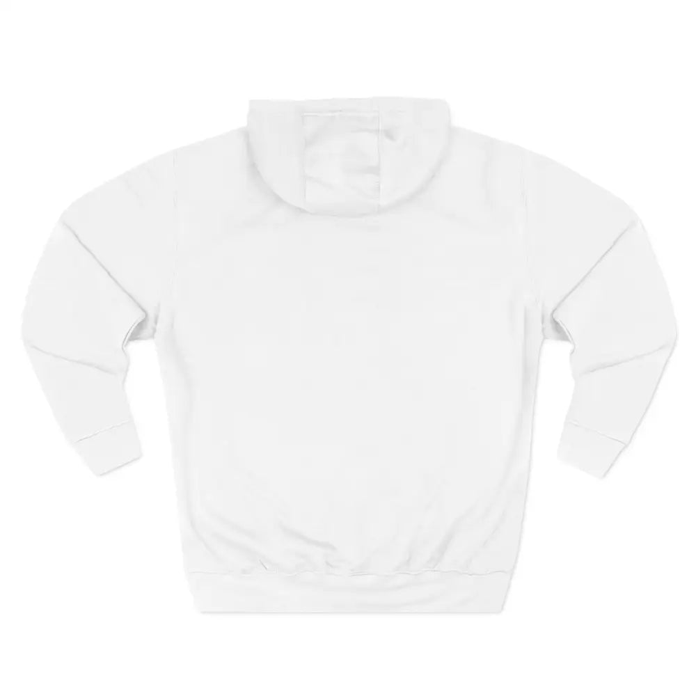 White long-sleeve hooded sweatshirt with cozy fleece, spacious kangaroo pocket, and twill tape neck