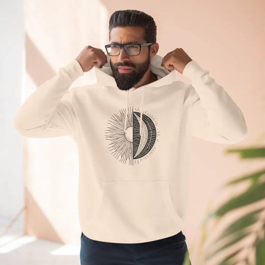 White hooded sweatshirt with sun and moon graphic, cozy fleece hoodie with spacious kangaroo pocket