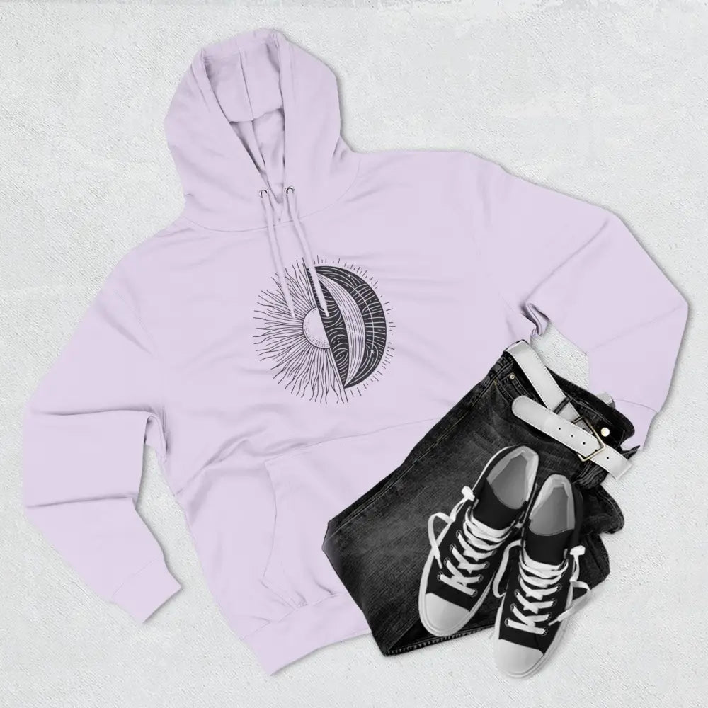 Light purple celestial hoodie with sun and moon graphic featuring cozy fleece and spacious kangaroo pocket