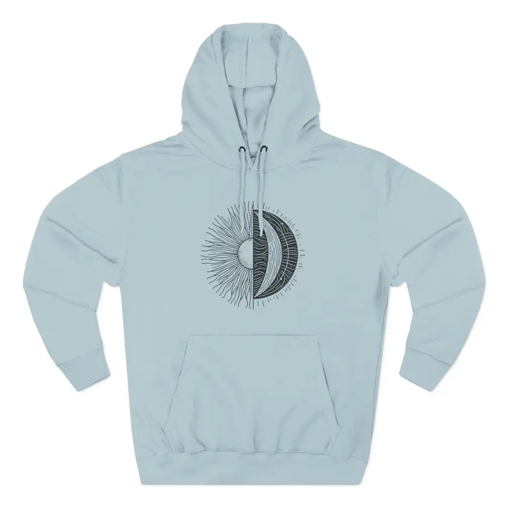 Light blue celestial fleece hoodie with sun and moon graphic, spacious kangaroo pocket