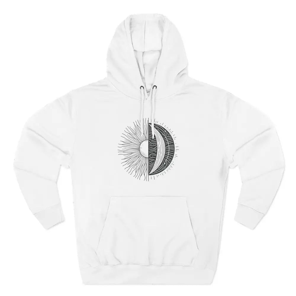 White hooded sweatshirt with sun and moon design, cozy fleece hoodie with spacious kangaroo pocket