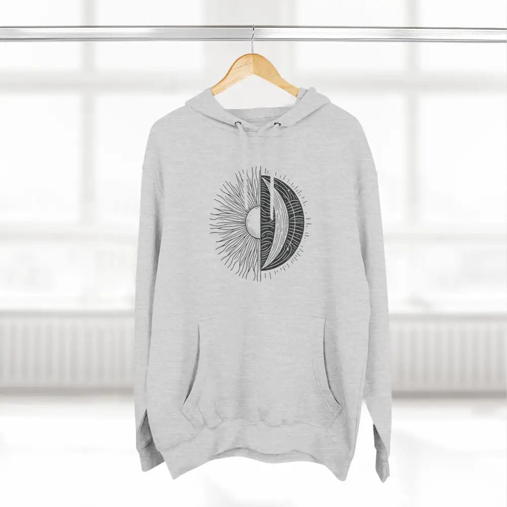 Light gray celestial hoodie with sun and moon graphic, cozy fleece, spacious kangaroo pocket