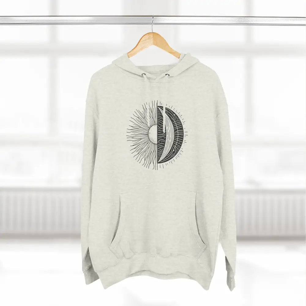Off-white celestial hoodie with sun and moon graphic, cozy fleece, spacious pocket, twill tape neck
