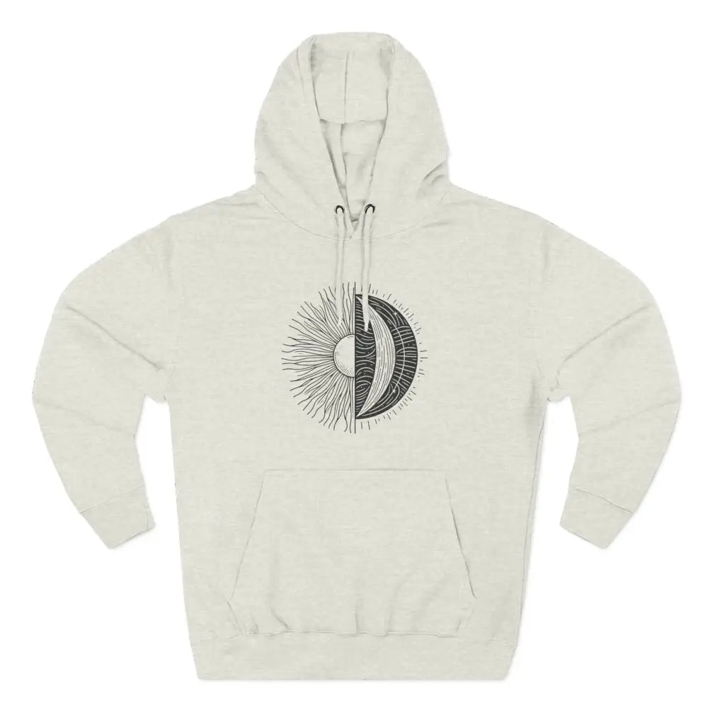 Cream-colored Celestial Harmony hoodie with sun and moon graphic, cozy fleece, spacious kangaroo pocket