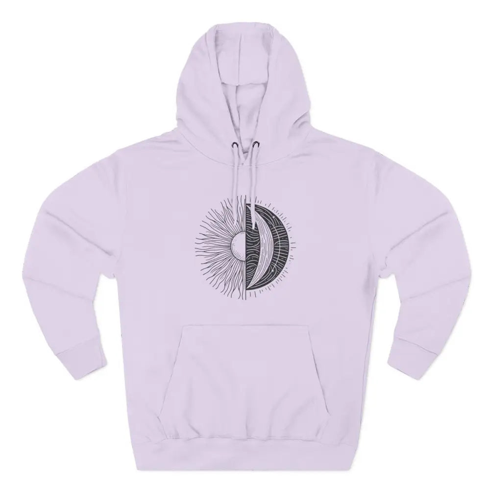 Light purple celestial hoodie with sun and moon design, cozy fleece with spacious kangaroo pocket