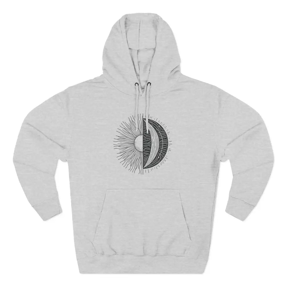 White cozy fleece hoodie with black sun and moon graphic, spacious kangaroo pocket, twill tape neck