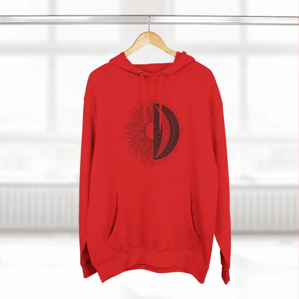 Red celestial hoodie with sun and moon graphic, cozy fleece, spacious pocket, twill tape neck