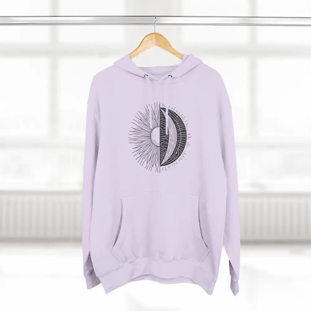 Light purple graphic print Celestial Harmony unisex hoodie with cozy fleece, spacious kangaroo pocket, and twill tape neck