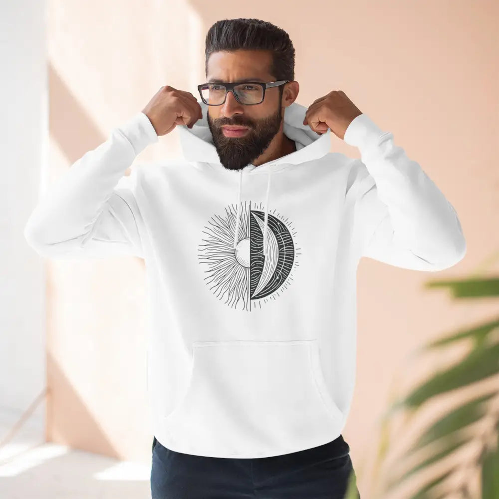 Men’s white graphic hoodie with sun and moon design, cozy fleece with spacious kangaroo pocket