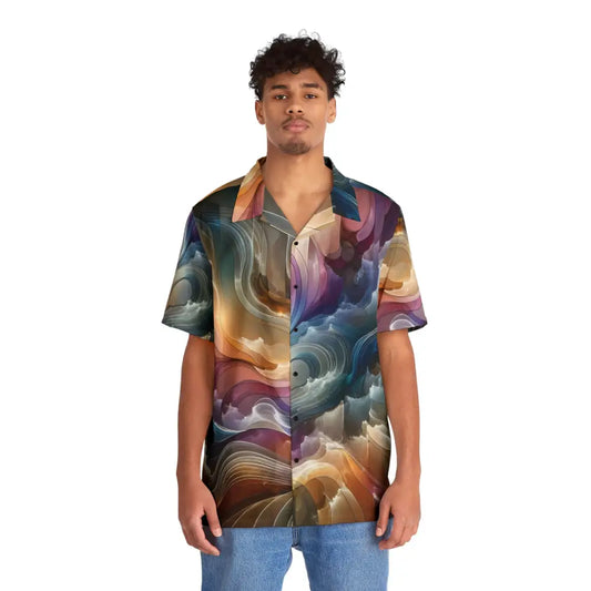 Man wearing Psychedelic Fluid Print Hawaiian shirt from PixiOnyx Celestial Layer Flux collection