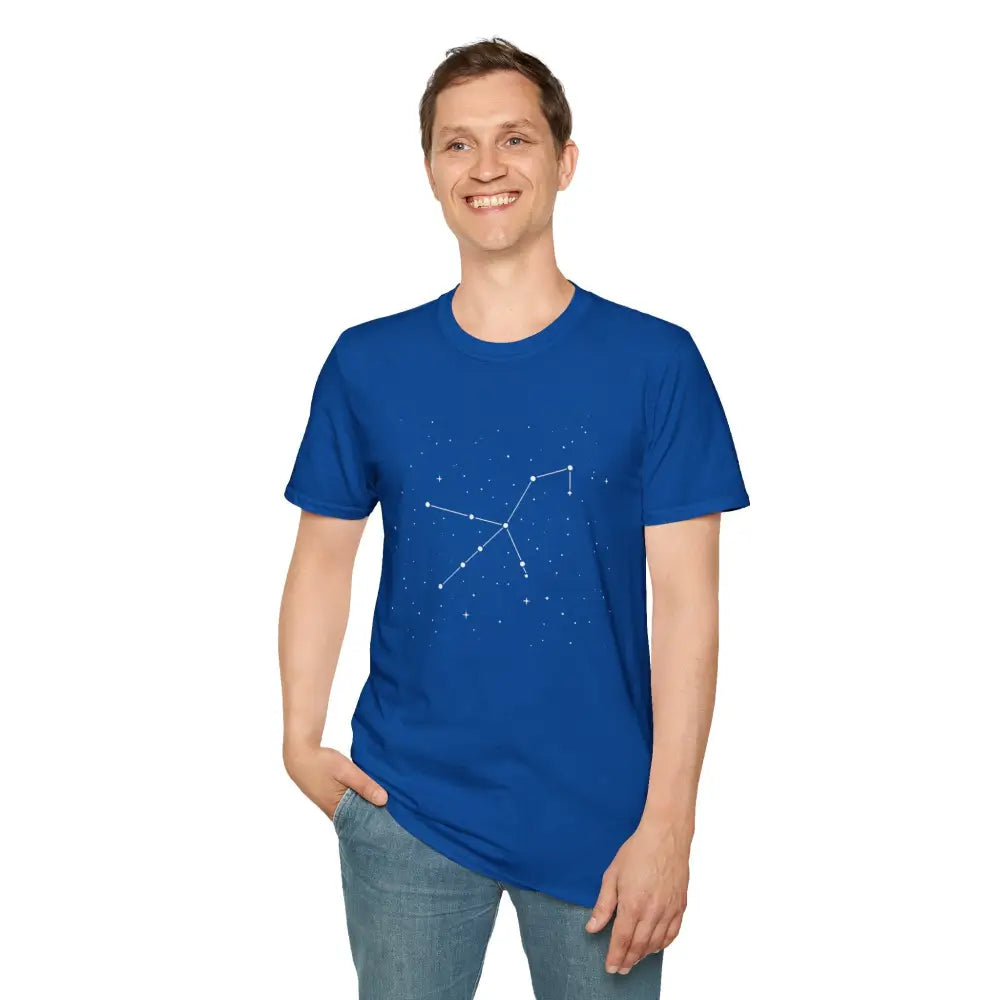 Man modeling blue star lover tee with stunning celestial Orion constellation graphic