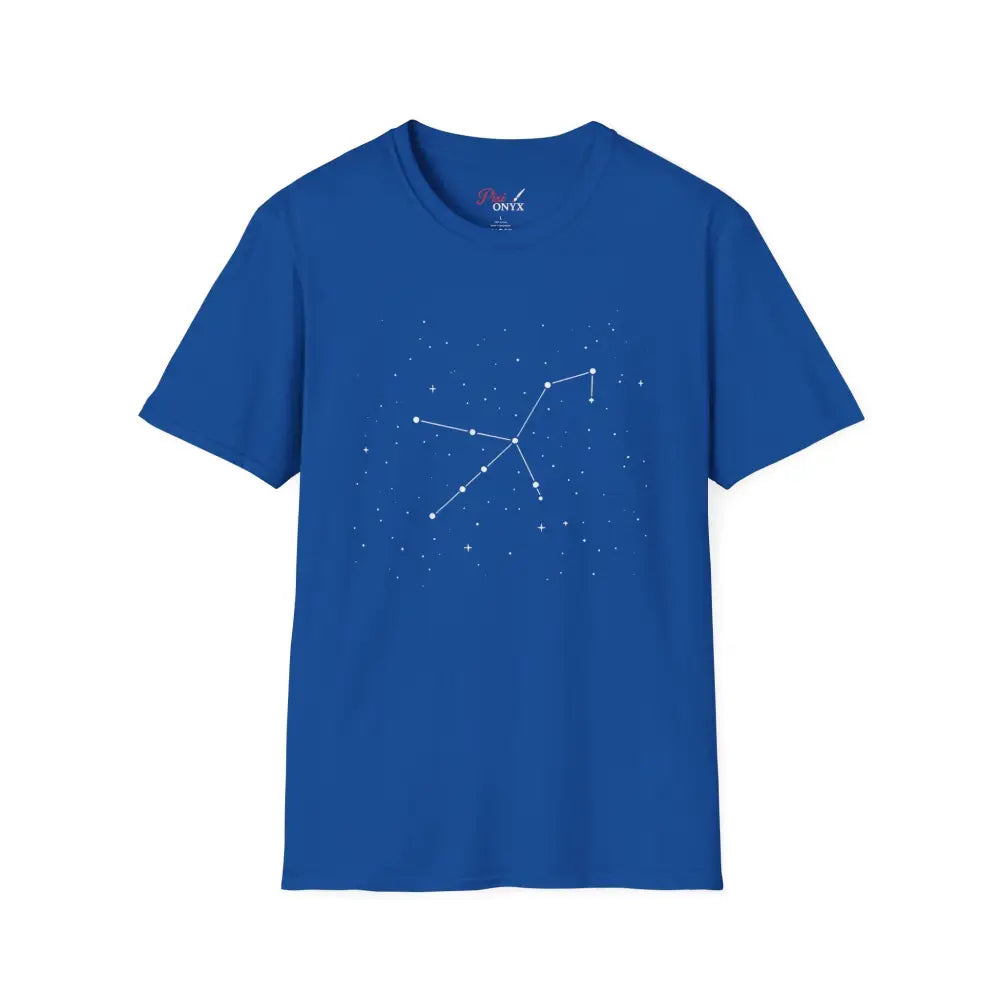 Blue t-shirt featuring a stunning constellation design of the Celestial Orion Constellation star lover tee