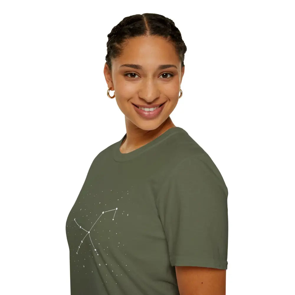 Olive green unisex T-shirt with stunning constellation design of Celestial Orion constellation for star lovers