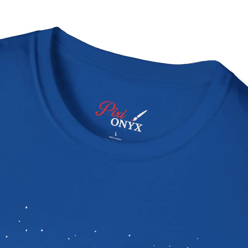 Blue crew-neck t-shirt with stunning constellation design of Celestial Orion Constellation star lover tee
