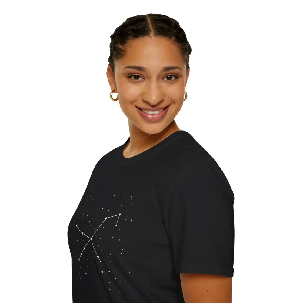 Smiling woman in a black T-shirt with a stunning constellation design of the Celestial Orion Constellation, perfect star lover tee