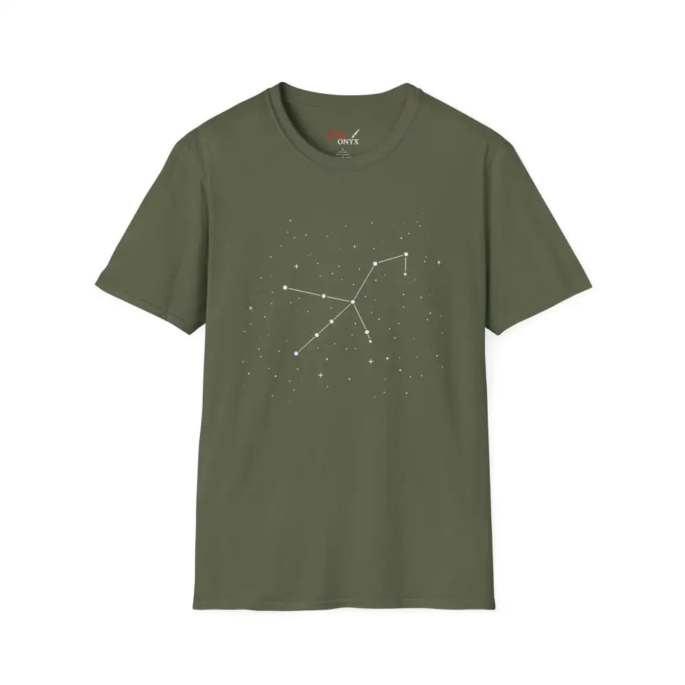 Olive green star lover tee with stunning constellation design of Celestial Orion Constellation