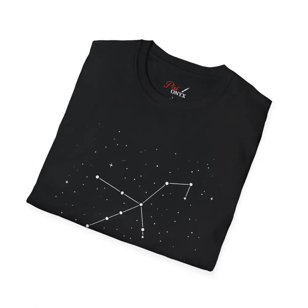 Black crew-neck t-shirt with a stunning constellation design of the Celestial Orion Constellation for star lovers