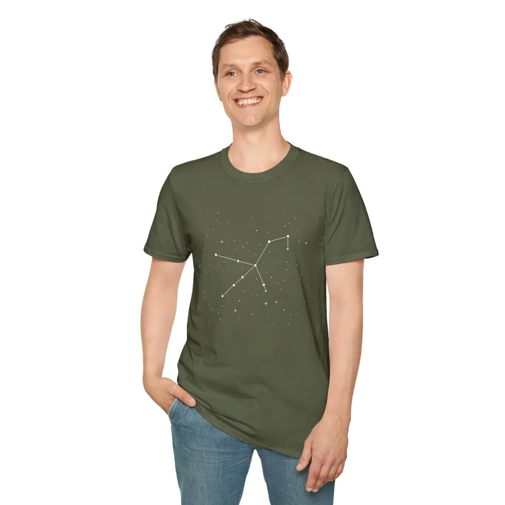 Men’s dark green star lover tee with stunning constellation design of Celestial Orion Constellation