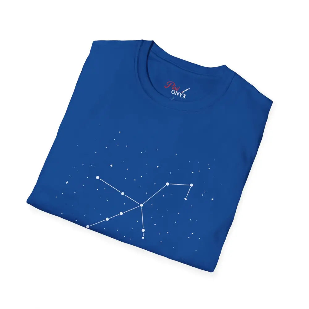 Blue T-shirt with a stunning constellation design of the Celestial Orion Constellation for star lovers